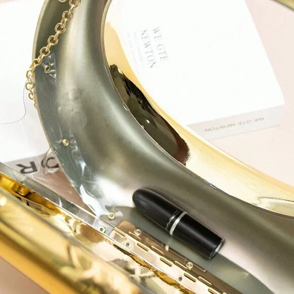 Gold Glamorous Women's Metal Color Evening Bag With Circular & Crescent Patterns - Picture 6 of 7